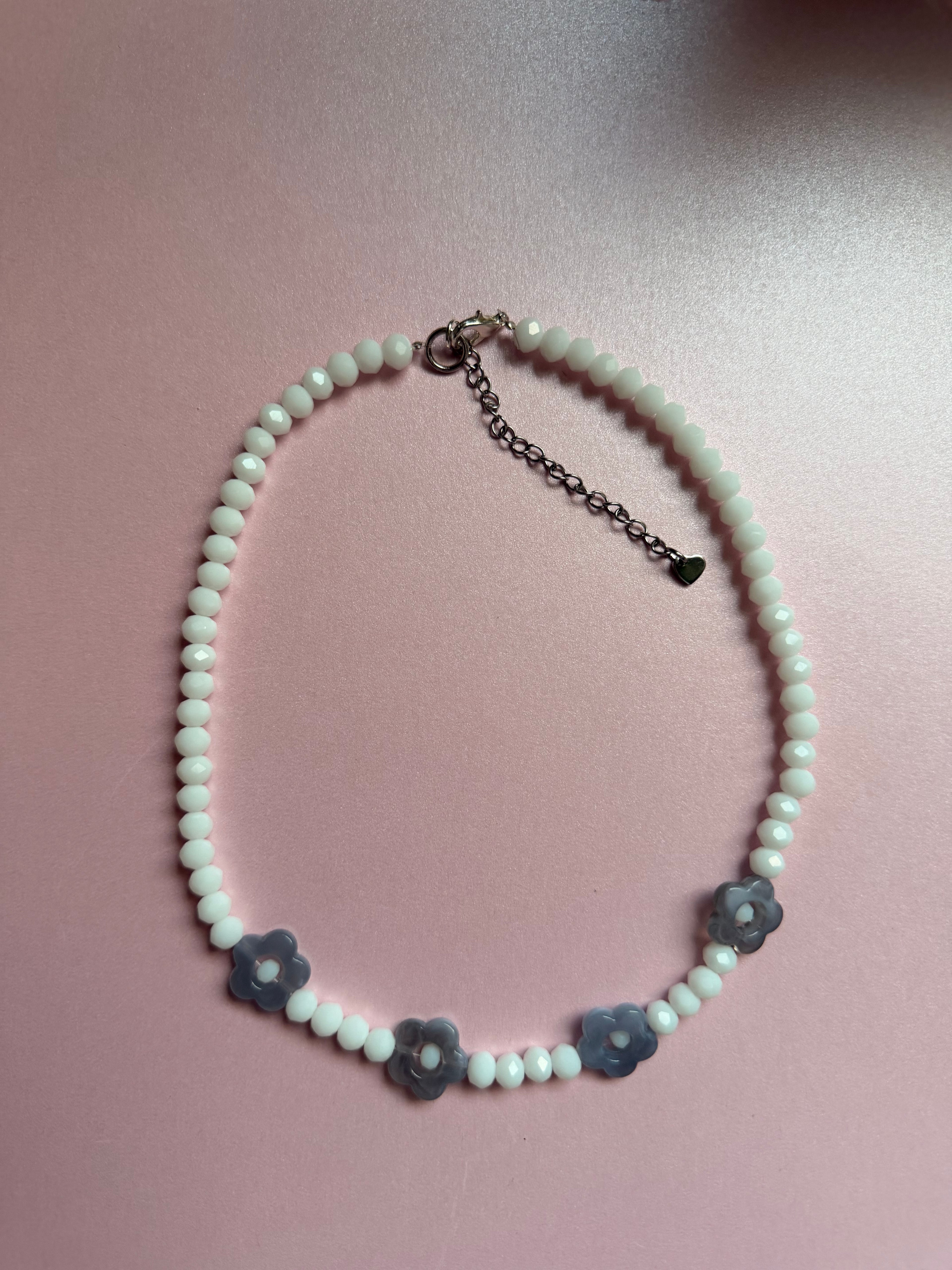 White and baby blue flower necklace